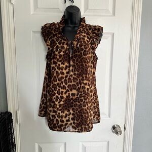Bobeau Leopard Print Ruffle Blouse - size L